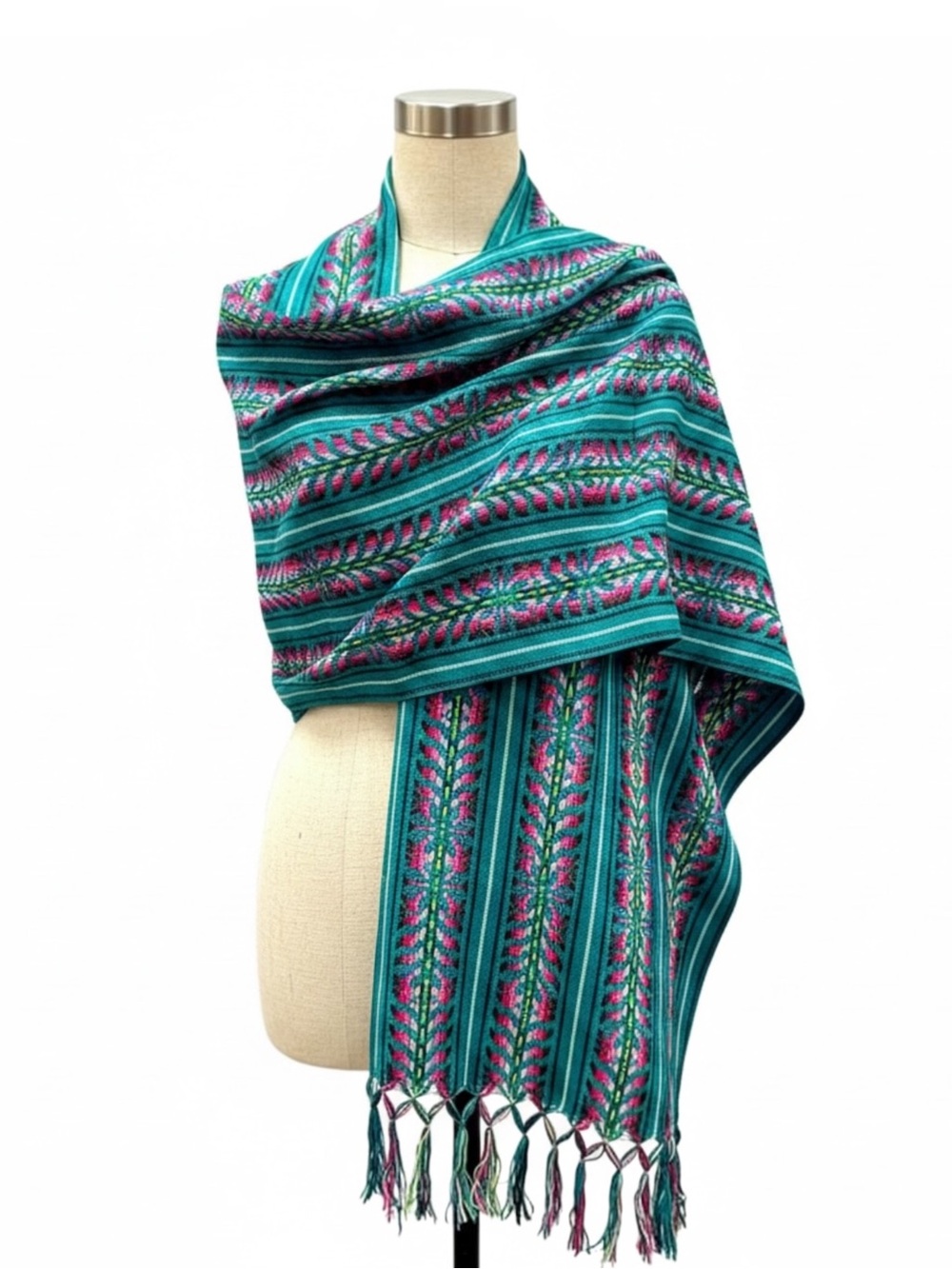 Teal & Pink Woven Fringe Shawl Scarf
